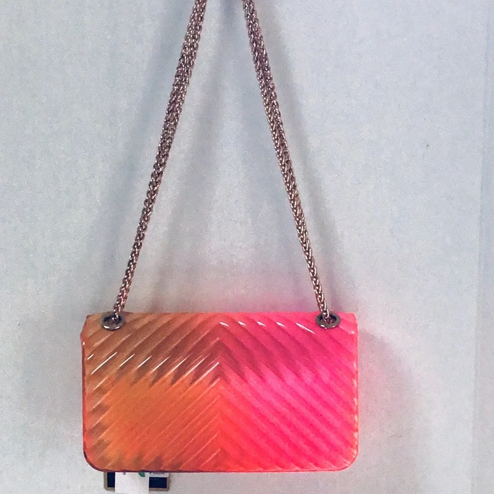 NWT Caleesa Jelly Crossbody Shoulder Bag Pink Yellow Ombre Chevron Design Flap